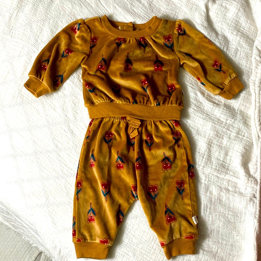 NWOT Snug Newborn Baby Girl 0-3 M Velour Sweatsuit Rust/Gold Red Tulips Hearts